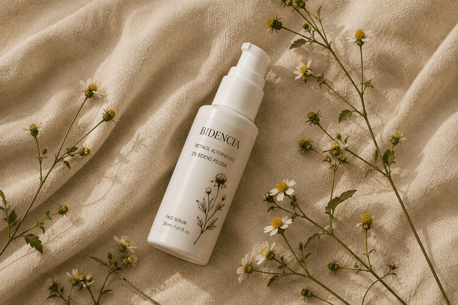 BIDENCIA serum resting on warm natural fabric with dried flowers