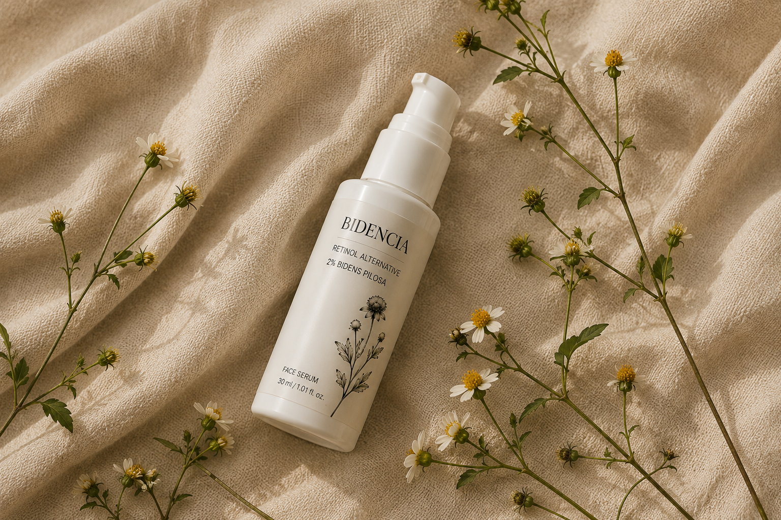 BIDENCIA serum on warm natural fabric with delicate flowers